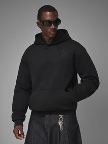 STYNVO 男士休閒字母刺繡連帽衫，秋冬款 - 黑色 - 查看 2