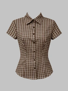 SHEIN Camisa de mujer a cuadros de solapa única, casual y versátil para uso diario de manga corta - Café integral - Ver 4