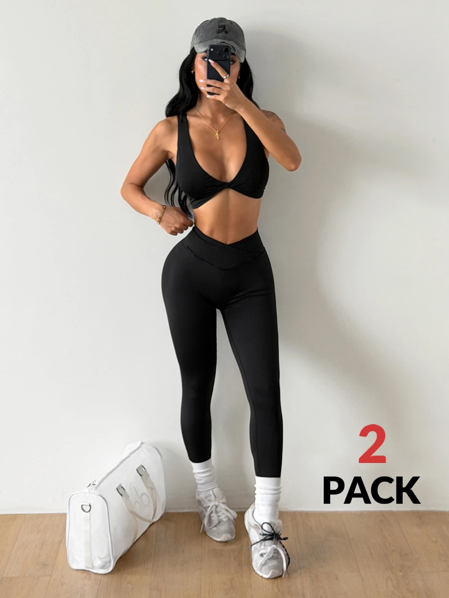 Coolane Women's Summer Twist Cross Yoga Running Fitness Exercise Sports Bra And Leggings Suit Workout Sets - Black - View 1