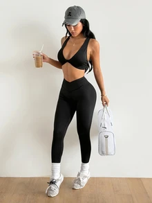 Coolane Women's Summer Twist Cross Yoga Running Fitness Exercise Sports Bra And Leggings Suit Workout Sets - Black - View 5
