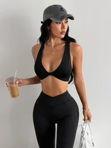 Coolane Women's Summer Twist Cross Yoga Running Fitness Exercise Sports Bra And Leggings Suit Workout Sets - Black - View 2