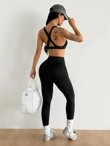 Coolane Women's Summer Twist Cross Yoga Running Fitness Exercise Sports Bra And Leggings Suit Workout Sets - Black - View 6