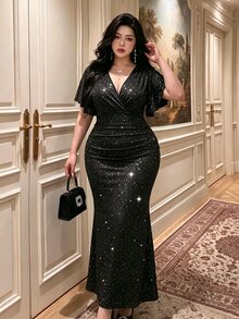 Vibekara Plus Size Vintage Elegant Curve Black Sequin Deep V-Neck Ruffle Sleeve Ruched Waist Bodycon Sexy Cocktail Formal Long Dress Summer Christmas - Black - View 7