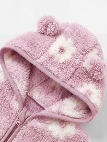 Baby Girl Fluffy Floral Print Long Sleeve Winter Autumn Jacket And Pants Casual Daily Outfit - Pink - View 3