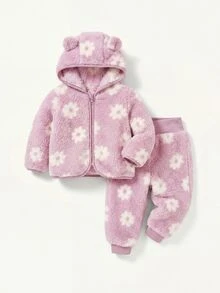 Baby Girl Fluffy Floral Print Long Sleeve Winter Autumn Jacket And Pants Casual Daily Outfit - Pink - View 8