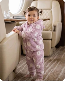 Baby Girl Fluffy Floral Print Long Sleeve Winter Autumn Jacket And Pants Casual Daily Outfit - Pink - View 1