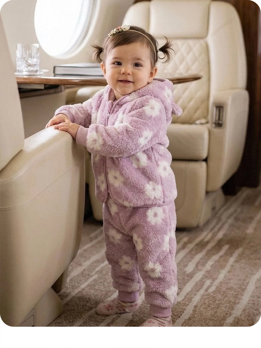 Baby Girl Fluffy Floral Print Long Sleeve Winter Autumn Jacket And Pants Casual Daily Outfit - Pink - View 1