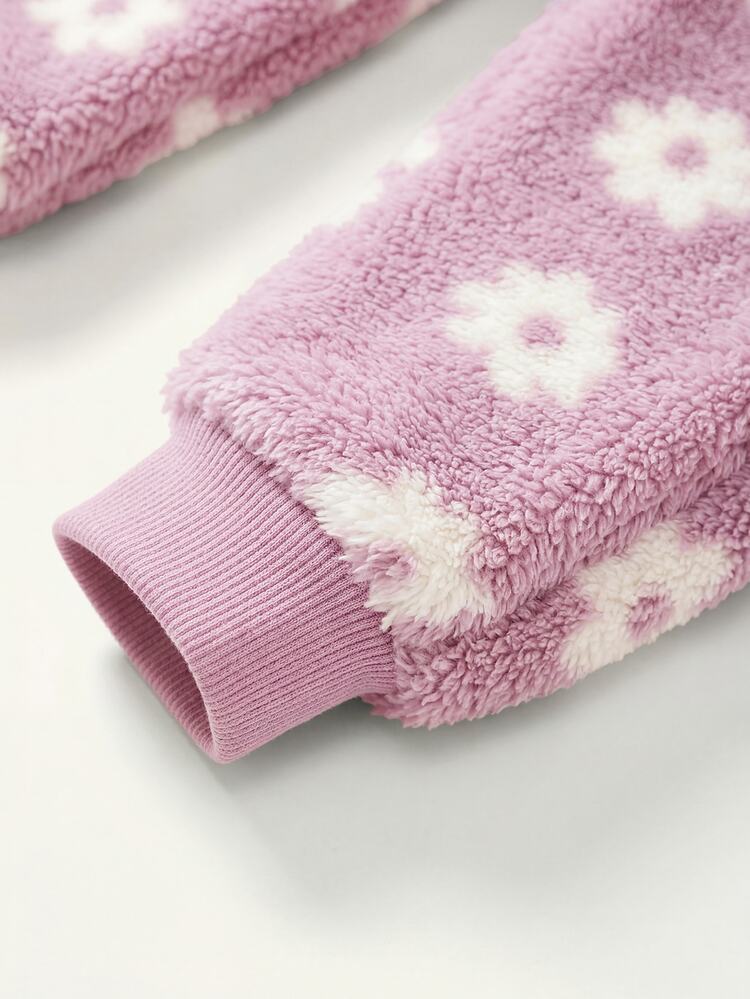 Baby Girl Fluffy Floral Print Long Sleeve Winter Autumn Jacket And Pants Casual Daily Outfit - Pink - View 4