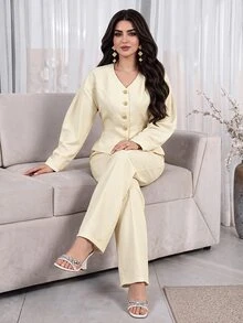 Feyla طقم نسائي من قطعتين يتكون من ملابس علوية بأكمام طويلة وأزرار أمامية مع حزام خصر وبنطال مطوي، ملابس نسائية للخريف للذهاب إلى العمل - لون مشمشي - مشاهدة 4