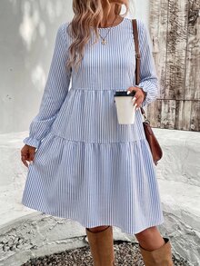 EMERY ROSE Vintage Blue & White Striped Print Casual Minimalist Elegant Women's Mid-Length Dress For Autumn/Winter - Multicolor - View 4