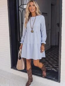 EMERY ROSE Vintage Blue & White Striped Print Casual Minimalist Elegant Women's Mid-Length Dress For Autumn/Winter - Multicolor - View 6