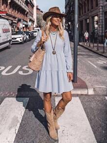 EMERY ROSE Vintage Blue & White Striped Print Casual Minimalist Elegant Women's Mid-Length Dress For Autumn/Winter - Multicolor - View 8
