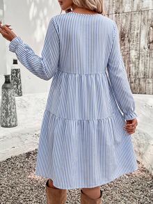 EMERY ROSE Vintage Blue & White Striped Print Casual Minimalist Elegant Women's Mid-Length Dress For Autumn/Winter - Multicolor - View 2