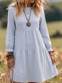 EMERY ROSE Vintage Blue & White Striped Print Casual Minimalist Elegant Women's Mid-Length Dress For Autumn/Winter - Multicolor - View 5