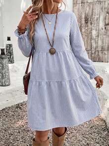EMERY ROSE Vintage Blue & White Striped Print Casual Minimalist Elegant Women's Mid-Length Dress For Autumn/Winter - Multicolor - View 7