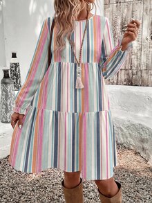 EMERY ROSE Striped Print Casual Minimalist Elegant Women's Autumn/Winter Mid-Length Dress - Multicolor - View 3