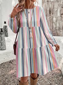 EMERY ROSE Striped Print Casual Minimalist Elegant Women's Autumn/Winter Mid-Length Dress - Multicolor - View 6