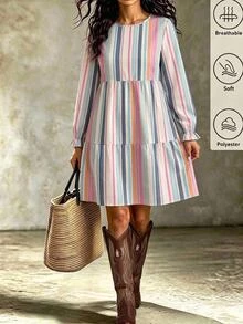EMERY ROSE Striped Print Casual Minimalist Elegant Women's Autumn/Winter Mid-Length Dress - Multicolor - View 5