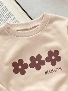 SHEIN Baby Girl Round Neck Floral Print Long Sleeve Autumn Sweatshirt And Sweatpants Casual Daily Outfit - Khaki - View 3