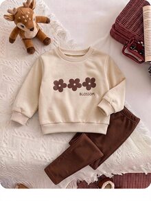 SHEIN Baby Girl Round Neck Floral Print Long Sleeve Autumn Sweatshirt And Sweatpants Casual Daily Outfit - Khaki - View 1