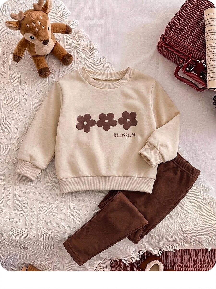 SHEIN Baby Girl Round Neck Floral Print Long Sleeve Autumn Sweatshirt And Sweatpants Casual Daily Outfit - Khaki - View 1