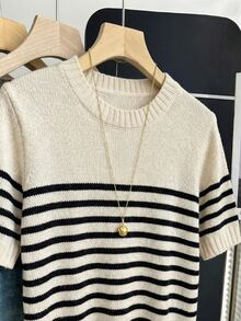 SHEIN Franclia Spring/Summer Korean Style Casual French Loose Personalized Striped Contrast Color Knit Top For Women Office Black And White Checkered - Apricot - View 7