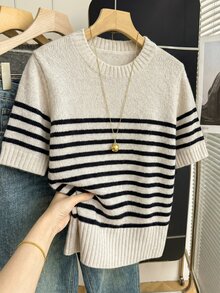 SHEIN Franclia Spring/Summer Korean Style Casual French Loose Personalized Striped Contrast Color Knit Top For Women Office Black And White Checkered - Apricot - View 1