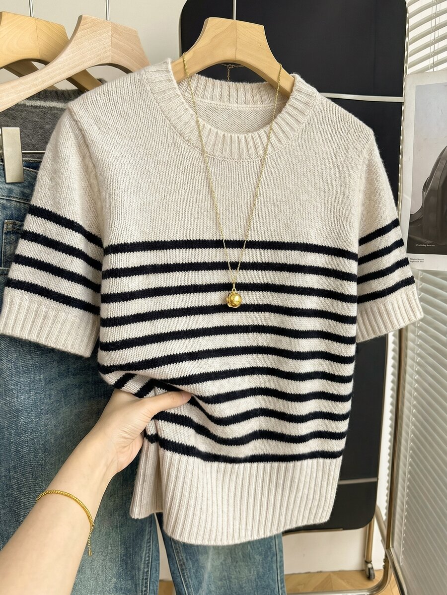 SHEIN Franclia Spring/Summer Korean Style Casual French Loose Personalized Striped Contrast Color Knit Top For Women Office Black And White Checkered - Apricot - View 1
