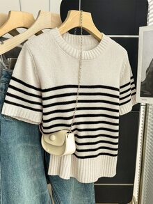 SHEIN Franclia Spring/Summer Korean Style Casual French Loose Personalized Striped Contrast Color Knit Top For Women Office Black And White Checkered - Apricot - View 6