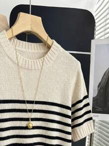 SHEIN Franclia Spring/Summer Korean Style Casual French Loose Personalized Striped Contrast Color Knit Top For Women Office Black And White Checkered - Apricot - View 4