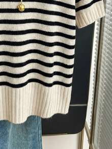 SHEIN Franclia Spring/Summer Korean Style Casual French Loose Personalized Striped Contrast Color Knit Top For Women Office Black And White Checkered - Apricot - View 8