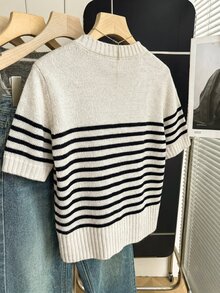 SHEIN Franclia Spring/Summer Korean Style Casual French Loose Personalized Striped Contrast Color Knit Top For Women Office Black And White Checkered - Apricot - View 2