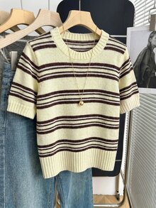 SHEIN Franclia 新款春夏韩版休闲宽松个性条纹撞色针织女式上衣 - 彩色 - 查看 5