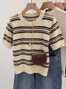 SHEIN Franclia 新款春夏韩版休闲宽松个性条纹撞色针织女式上衣 - 彩色 - 查看 9