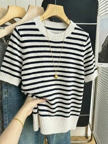SHEIN Franclia 新款春夏韩版休闲宽松个性条纹撞色针织女式上衣 - 黑與白 - 查看 8
