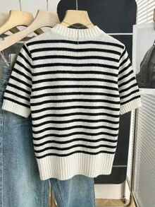 SHEIN Franclia 新款春夏韩版休闲宽松个性条纹撞色针织女式上衣 - 黑與白 - 查看 2