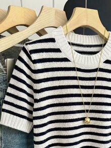 SHEIN Franclia 新款春夏韩版休闲宽松个性条纹撞色针织女式上衣 - 黑與白 - 查看 4