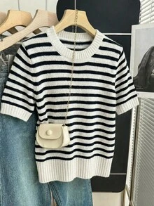 SHEIN Franclia 新款春夏韩版休闲宽松个性条纹撞色针织女式上衣 - 黑與白 - 查看 5