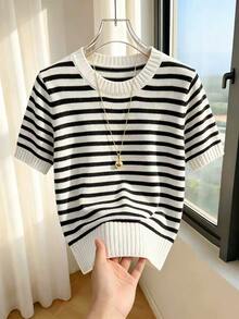 SHEIN Franclia 新款春夏韩版休闲宽松个性条纹撞色针织女式上衣 - 黑與白 - 查看 1