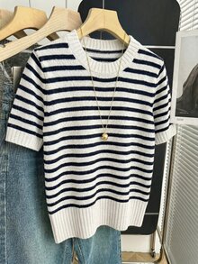 SHEIN Franclia 新款春夏韩版休闲宽松个性条纹撞色针织女式上衣 - 黑與白 - 查看 7
