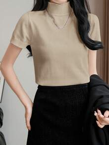 SHEIN LUNE 女士半高领修身短袖纯色针织上衣，秋冬 - 駝色 - 查看 7