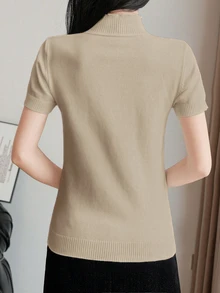SHEIN LUNE 女士半高领修身短袖纯色针织上衣，秋冬 - 駝色 - 查看 2