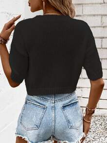 SHEIN PariChic New Short Sleeve Knitted Sweater With Round Neck For A Graceful Look - Black - View 2
