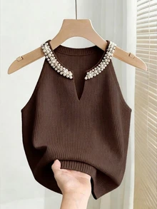 SHEIN PariChic 新款春夏欧美风修身显瘦独特仿珍珠奢华露背优雅法式淑女高端针织上衣，适合派对/聚会穿着 - 咖啡棕 - 查看 4