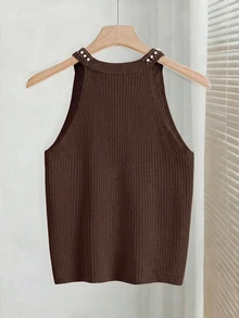 SHEIN PariChic 新款春夏欧美风修身显瘦独特仿珍珠奢华露背优雅法式淑女高端针织上衣，适合派对/聚会穿着 - 咖啡棕 - 查看 2