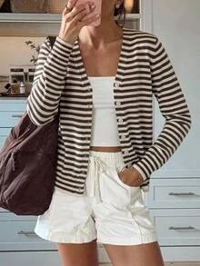 SHEIN LUNE Women's Autumn/Winter White Colorblock Button Long Sleeve Knit Cardigan Brunch French Casual 
Versatile Basics - Multicolor - View 4