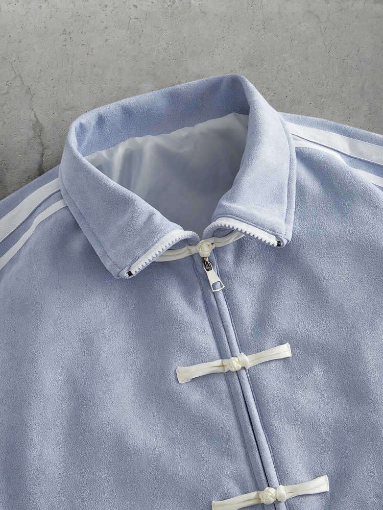 Mainfolk Men's Contrast Stripe Frog Button Design Long Sleeve Jacket Vacation Light Blue Autumn Casual Streetwear, Zip Jacket, For Spring, Outdoor - Blue - View 9