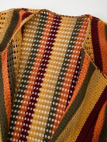 Rusticease Áo cardigan size lớn phối màu sọc kẻ phong cách thường ngày cho mùa Thu/Đông - Màu Đỏ Sâu - Xem 5