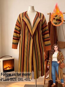 Rusticease Áo cardigan size lớn phối màu sọc kẻ phong cách thường ngày cho mùa Thu/Đông - Màu Đỏ Sâu - Xem 1