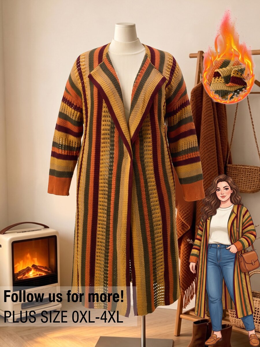 Rusticease Áo cardigan size lớn phối màu sọc kẻ phong cách thường ngày cho mùa Thu/Đông - Màu Đỏ Sâu - Xem 1